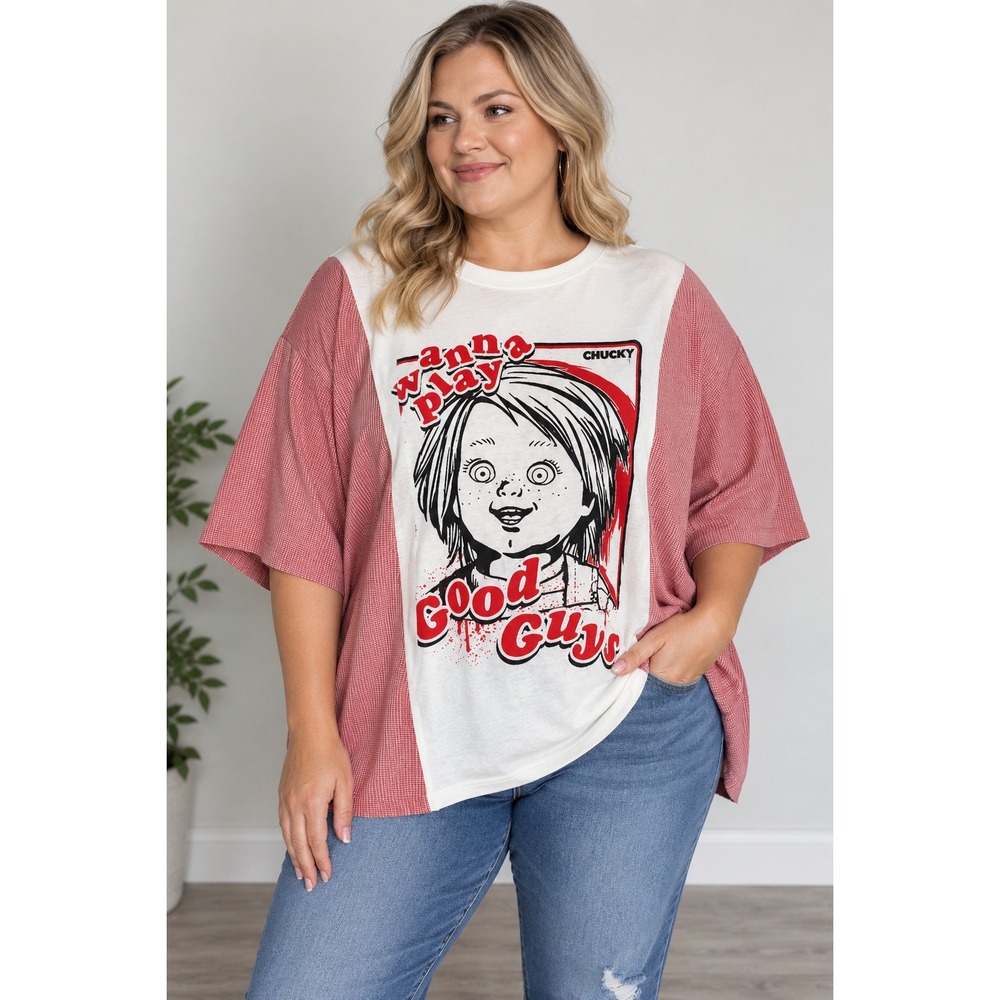 Chucky Childs Play Reworked Graphic Red Gingham Oversized Top